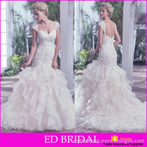 MA2507 Custom Made Organza Fabric Ruffles Skirt Mermaid Pattern Detachable Sleeve Cap Sleeve Wedding Dress